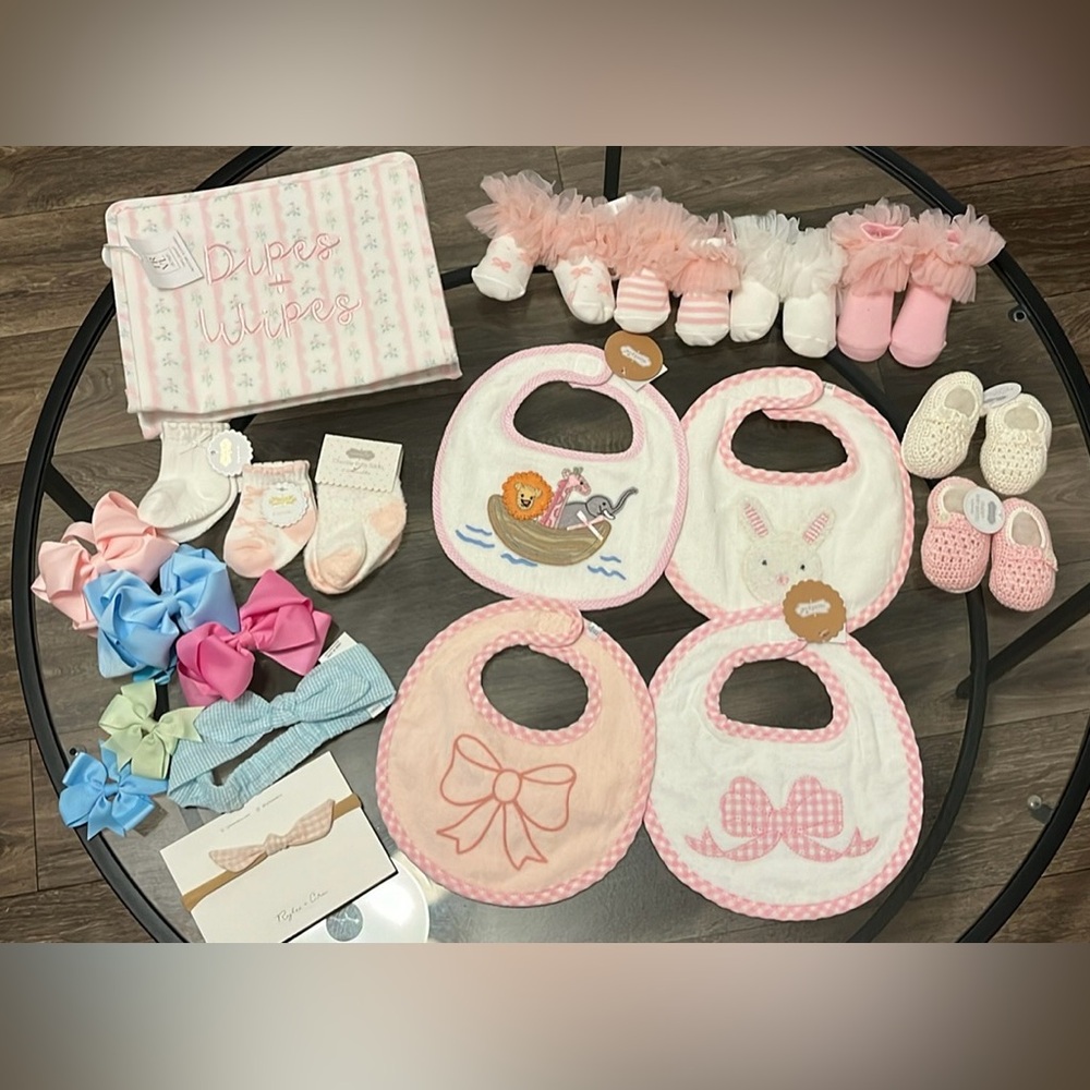 Baby Girl Bibs, Socks, Bows, and Diaper Pouch